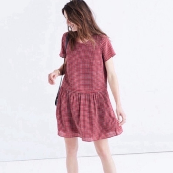 Madewell Dresses & Skirts - Madewell Silk Red Checked Short Sleeve Drop Waist Dress size 4